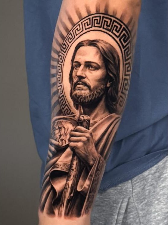 Jesus with a Greek key halo, forearm